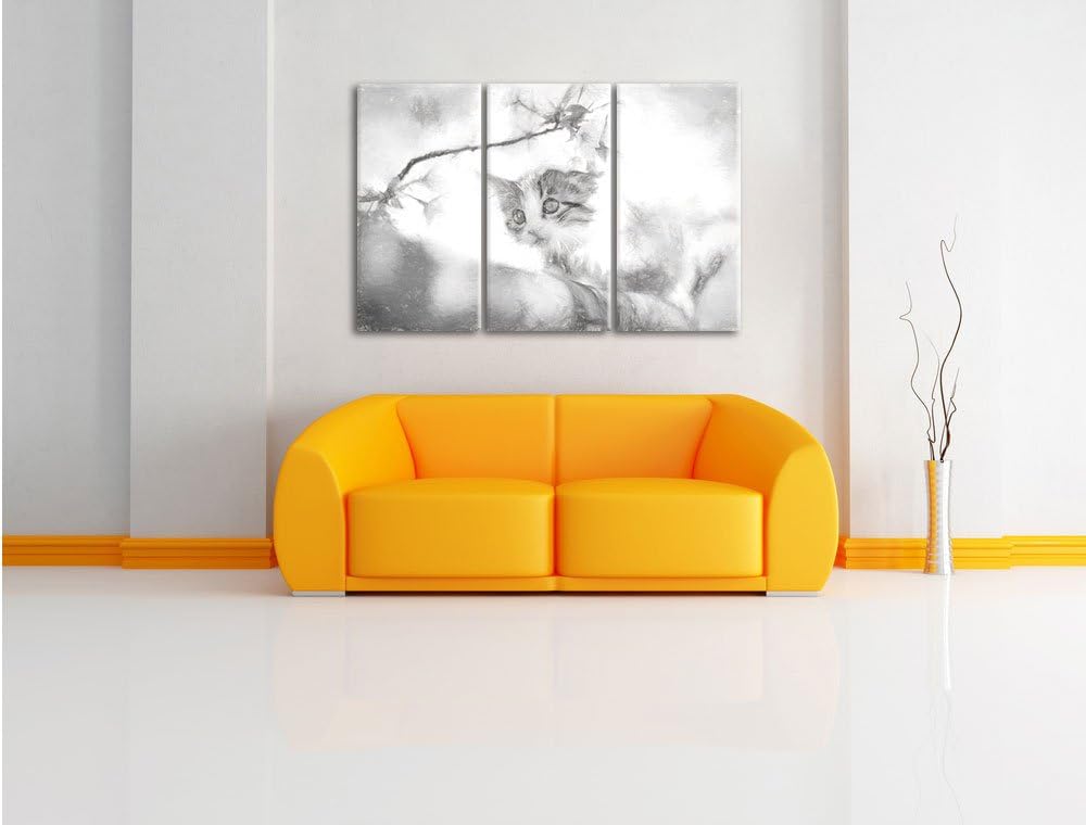 Pixxprint Süsses Kätzchen im Kirschbaum Kunst als Leinwandbild 3 teilig/Grösse: 3 Teilig (120x80) /
