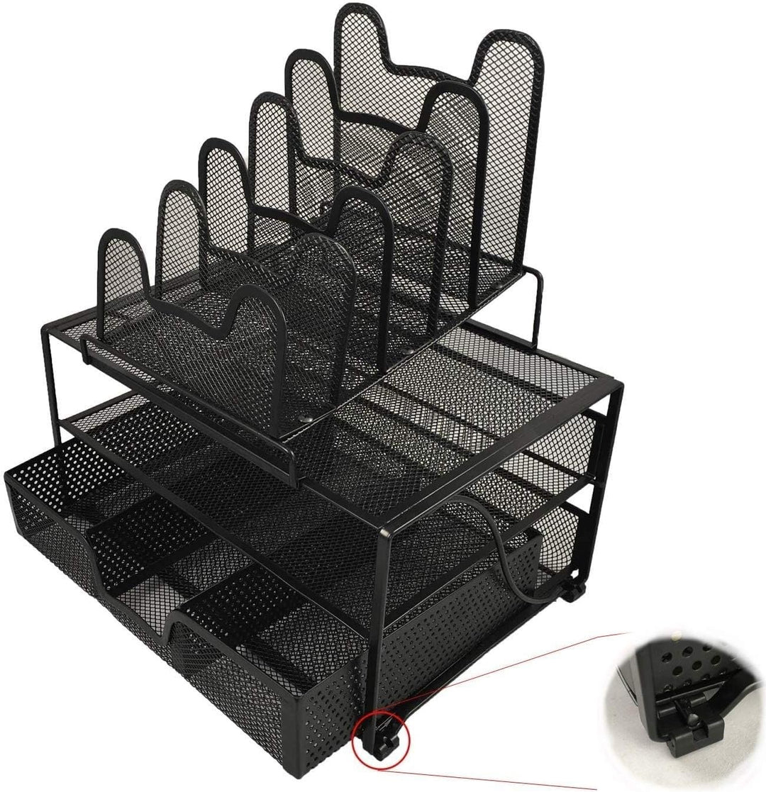 Schreibtisch-Organizer aus schwarzem Metallgewebe. ROBUSTER Organizer mit rutschfesten + kratzfesten