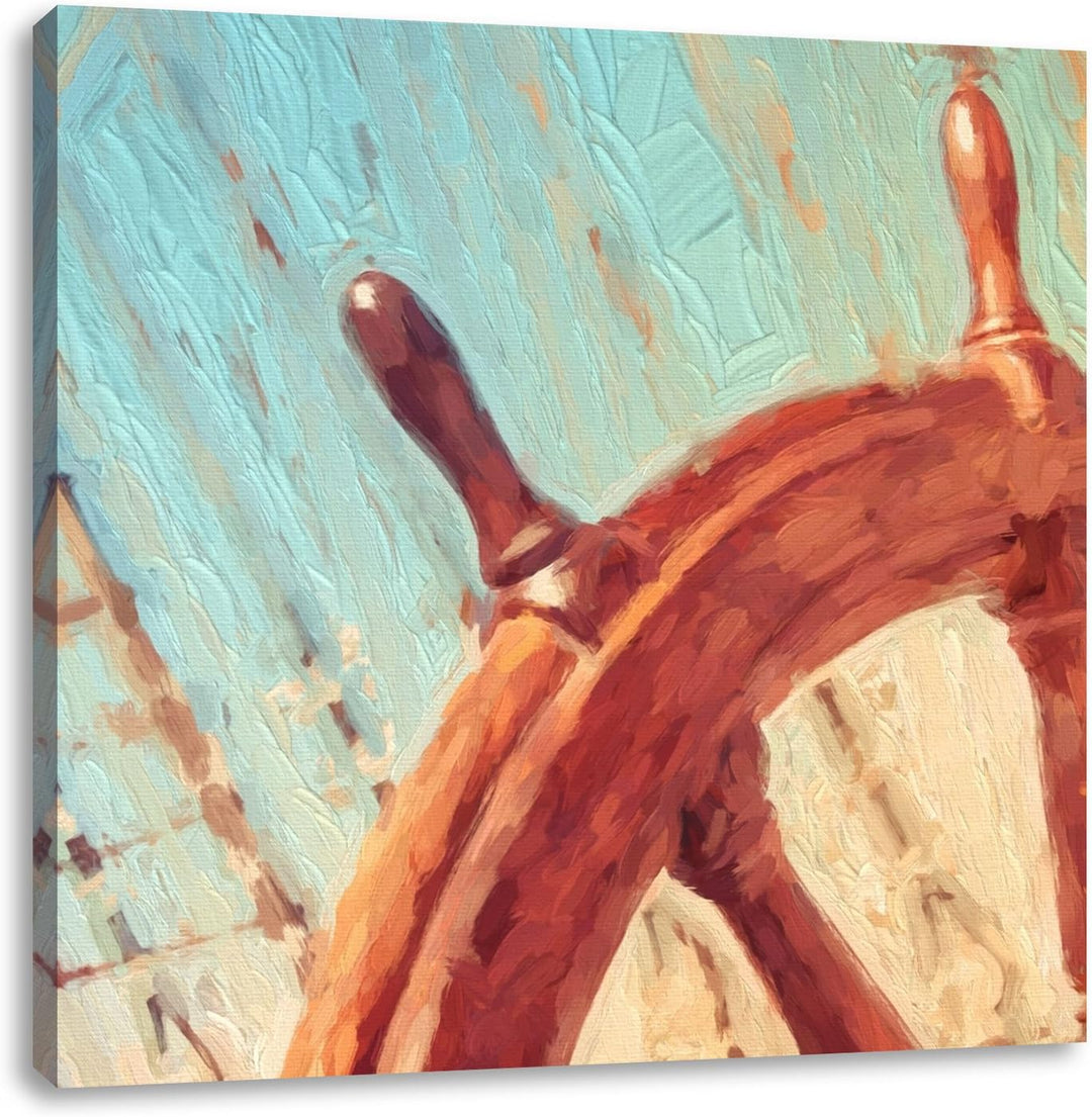 Pixxprint Steuerrad auf einem Schiff 70x70cm Leinwandbild Wandbild Kunstdruck, 70x70