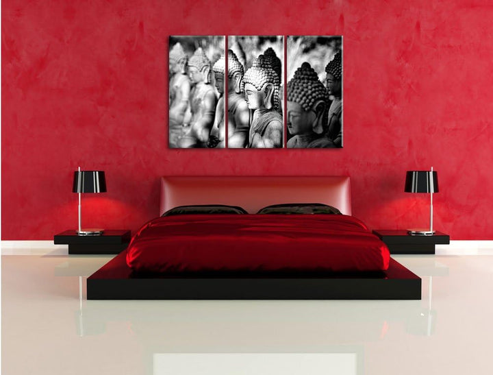 Pixxprint Buddha-Statuen in Einer Reihe / 3-Teilig/Gesamtmass 120cm Leinwandbild bespannt auf Holzra