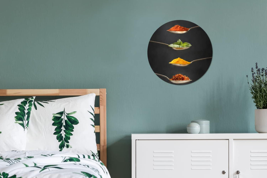 MuchoWow Wandbild Rund Wanddeko Deko Wohnzimmer Bilder 30x30 cm Kräuter - Löffel - Gewürze - Schwarz