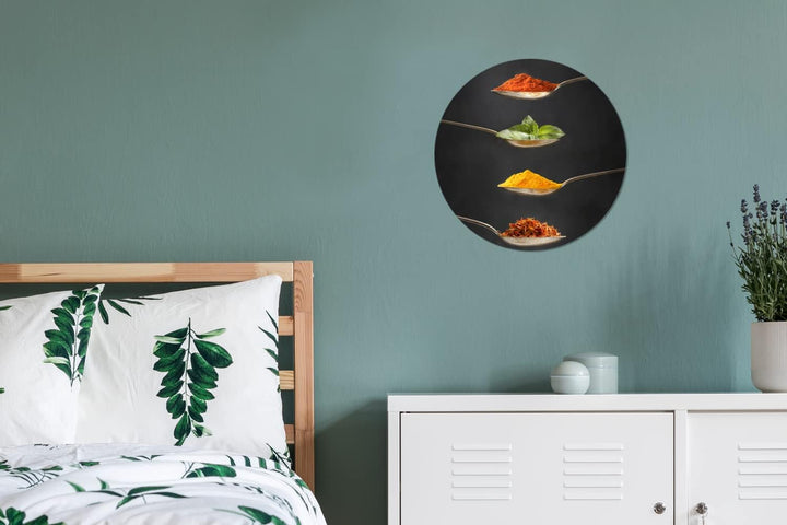 MuchoWow Wandbild Rund Wanddeko Deko Wohnzimmer Bilder 30x30 cm Kräuter - Löffel - Gewürze - Schwarz