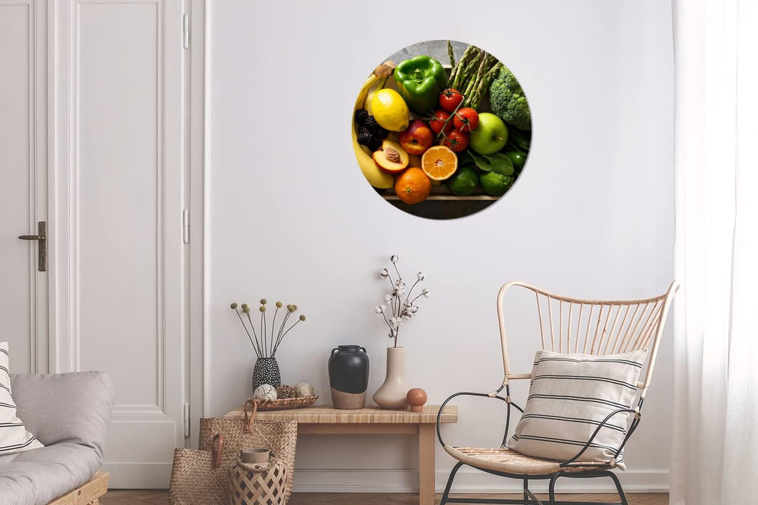 MuchoWow Wandbild Rund Wanddeko Deko Wohnzimmer Bilder 60x60 cm Kiste - Obst - Regenbogen, 60x60 cm