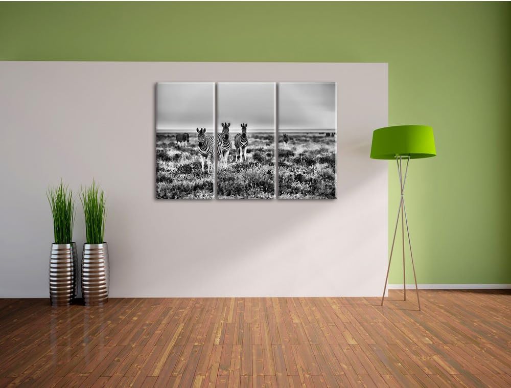 Pixxprint Zebra in der Savanne als Leinwandbild/Grösse: 3 Teilig (120x80) cm/Wandbild/Kunstdruck/fer