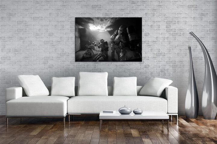 deyoli Feuerwehr Einsatz Format: 100x70 Effekt: Schwarz&Weiss als Leinwandbild, Motiv fertig gerahmt
