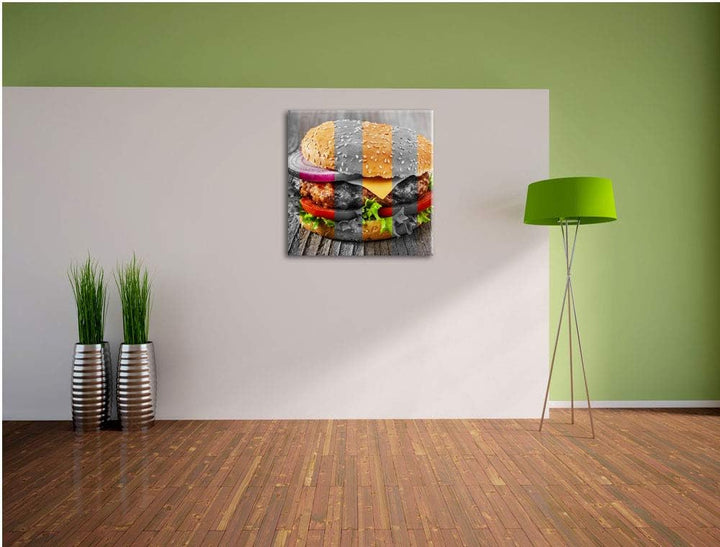 Pixxprint Saftiger Cheeseburger als Leinwandbild/Grösse: 70x70 cm/Wandbild/Kunstdruck/fertig bespann