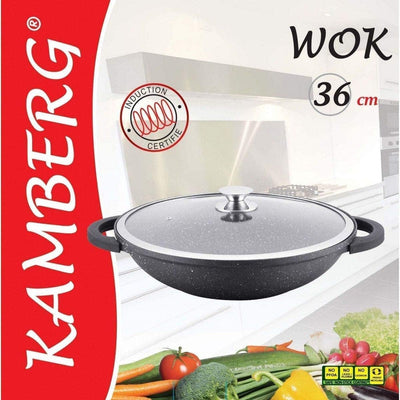 Kamberg 0008047 – Wok 36 cm – Aluminiumguss – Beschichtung in Steinoptik – Mit Glasdeckel – Für alle