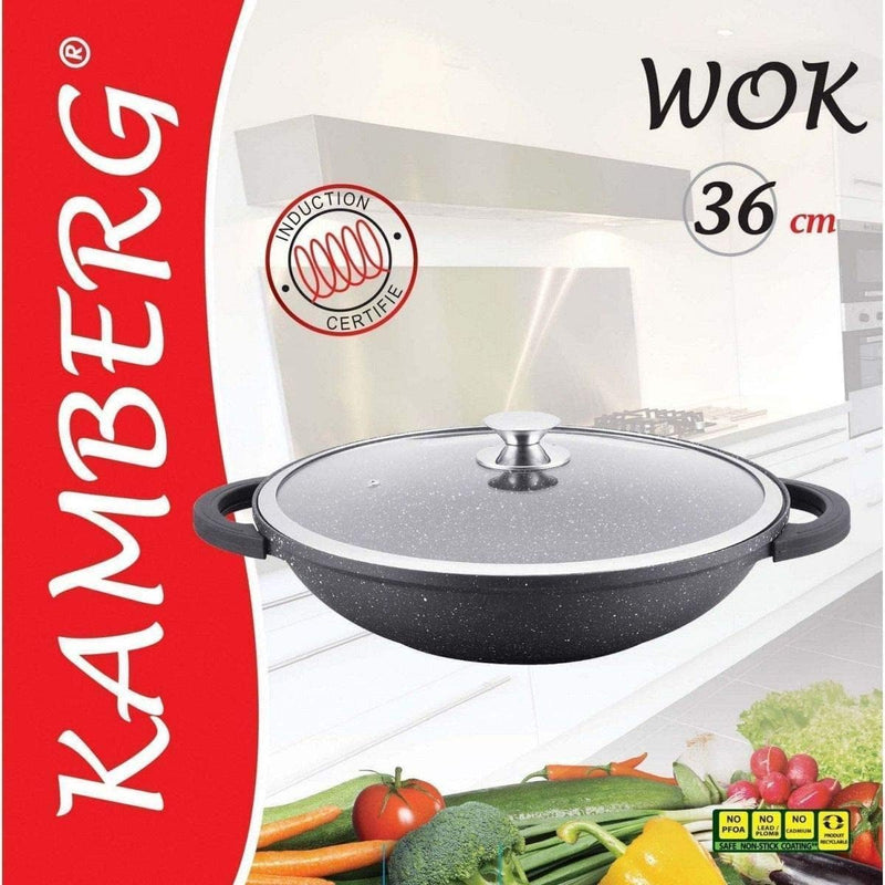 Kamberg 0008047 – Wok 36 cm – Aluminiumguss – Beschichtung in Steinoptik – Mit Glasdeckel – Für alle