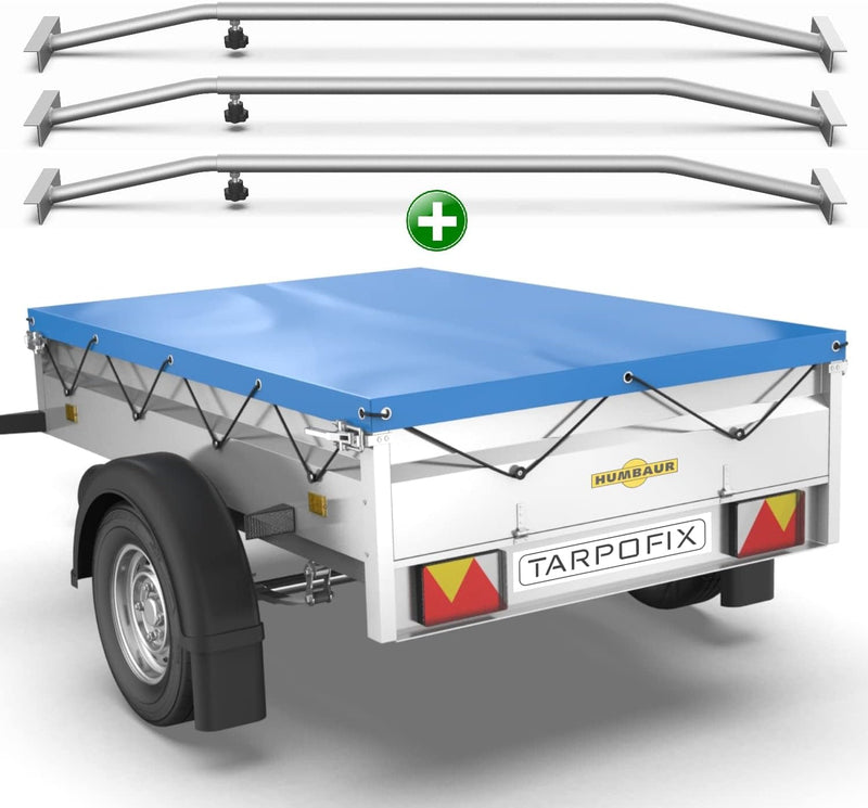 Tarpofix® Anhängerplane Flachplane 211 x 116 x 8 cm + 3x Planenbügel (verstellbar 100-145 cm) - rand