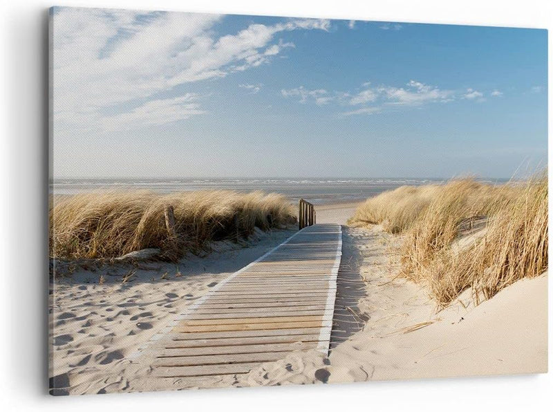 Bilder auf Leinwand 100x70cm Leinwandbild Strand Meer Fussgängerbrücke Ufer Gross Wanddeko Bild Schl