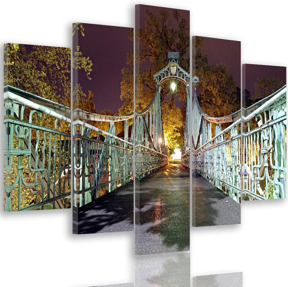 Feeby Wanddeko XXL Brücke Leinwandbild 5 Teilig Architektur Abend Lichter grün 100x70 cm Leinwandbil