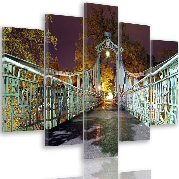 Feeby Wanddeko XXL Brücke Leinwandbild 5 Teilig Architektur Abend Lichter grün 100x70 cm Leinwandbil