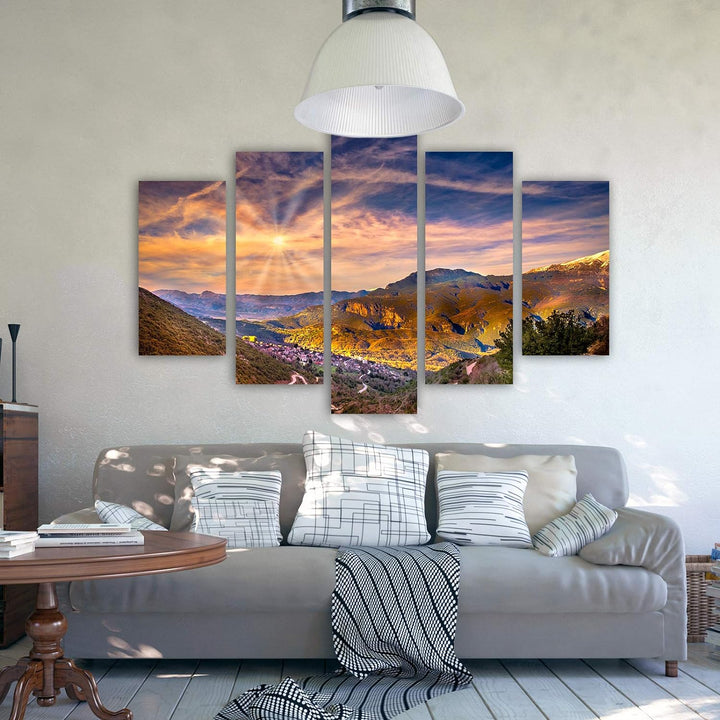 Feeby Wanddeko XXL Landschaft Leinwandbild 5 Teilig Himmel Sonne Wolken bunt 100x70 cm Leinwandbild