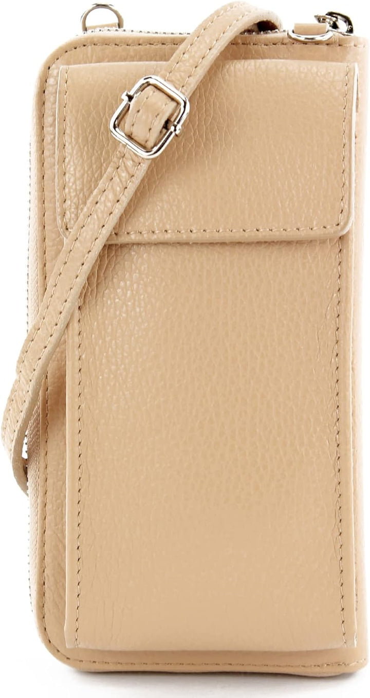 modamoda de - P06 - ital. Damen Umhängetasche Geldbörse Handytasche Leder Beige, Beige