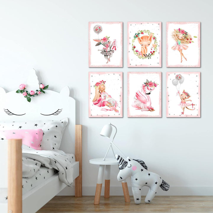 Novart Set Wandbilder - KEIN EXTRA RAMEN BENÖTIGT - Kinderzimmer Mädchen - Bilder Modern Tiere Balle