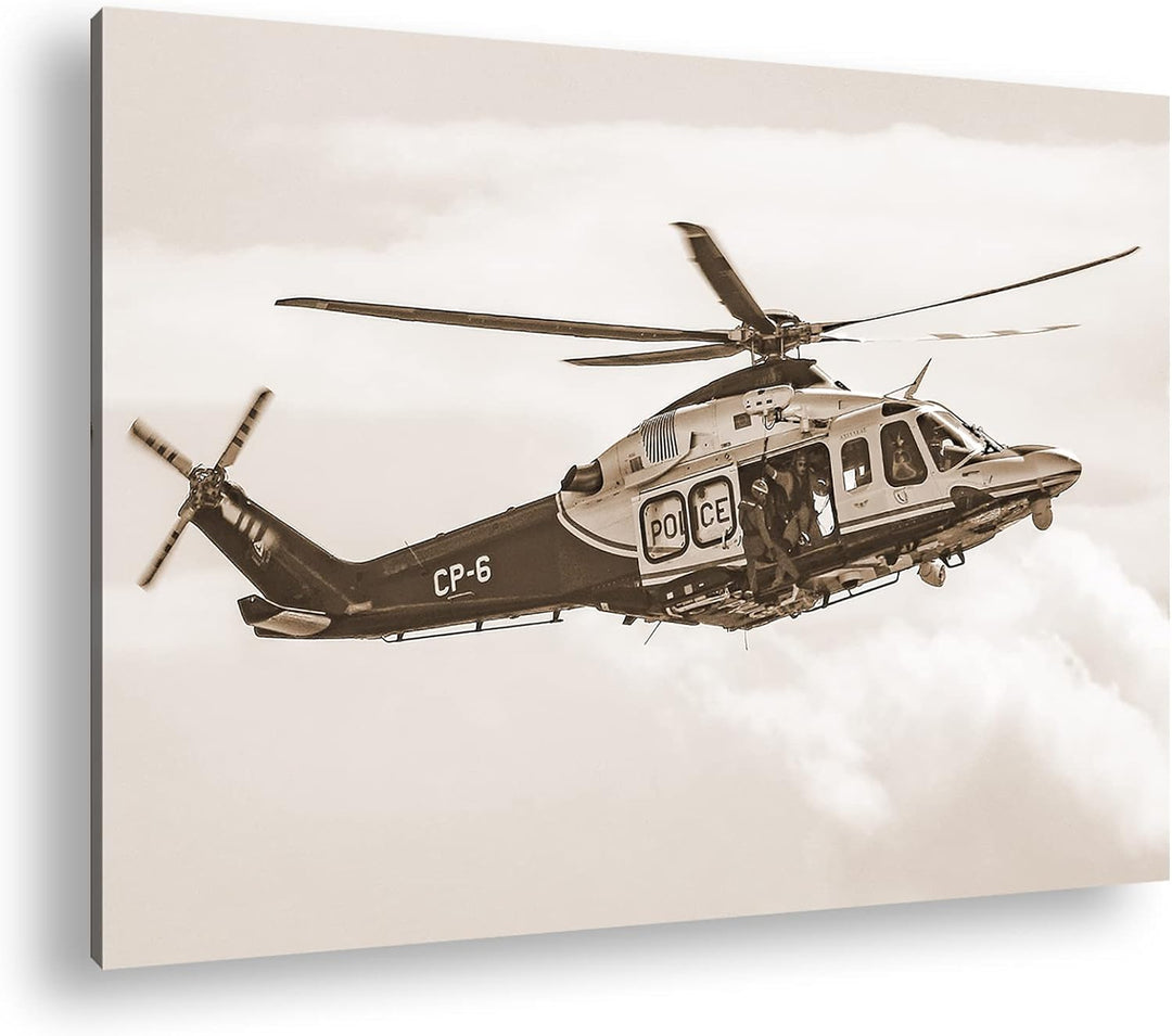 deyoli Helikopter im Einsatz Effekt: Sepia Format: 80x60 als Leinwandbild, Motiv fertig gerahmt auf