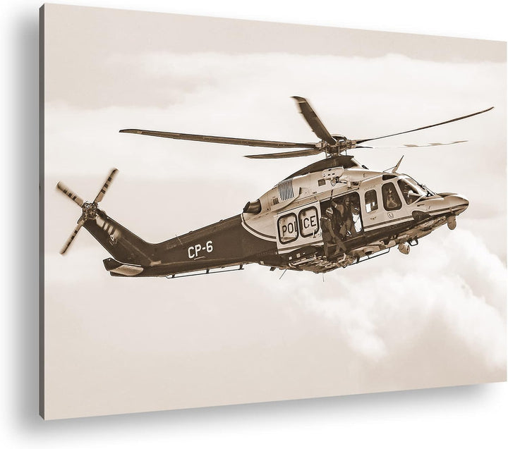 deyoli Helikopter im Einsatz Effekt: Sepia Format: 80x60 als Leinwandbild, Motiv fertig gerahmt auf