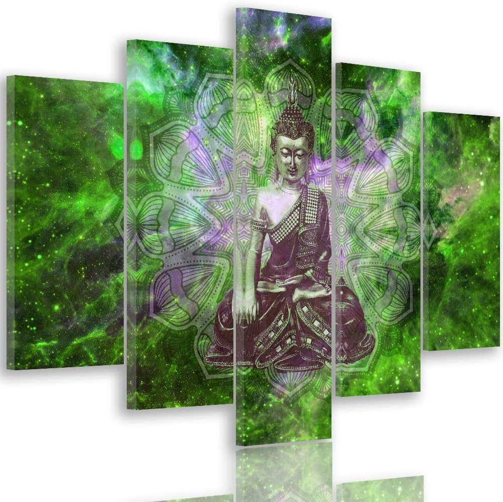 Feeby Bilder Abstrakt 300x140 cm Leinwandbild 5 Teilig XXL Kunstdruck modern Buddha grün Leinwandbil