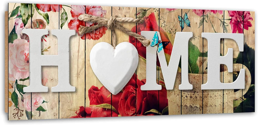 Wanddeko Home 120x40 cm Kunst modern Bilder Wanddekoration Herz Schmetterlinge Blumen Rot Deko Panee