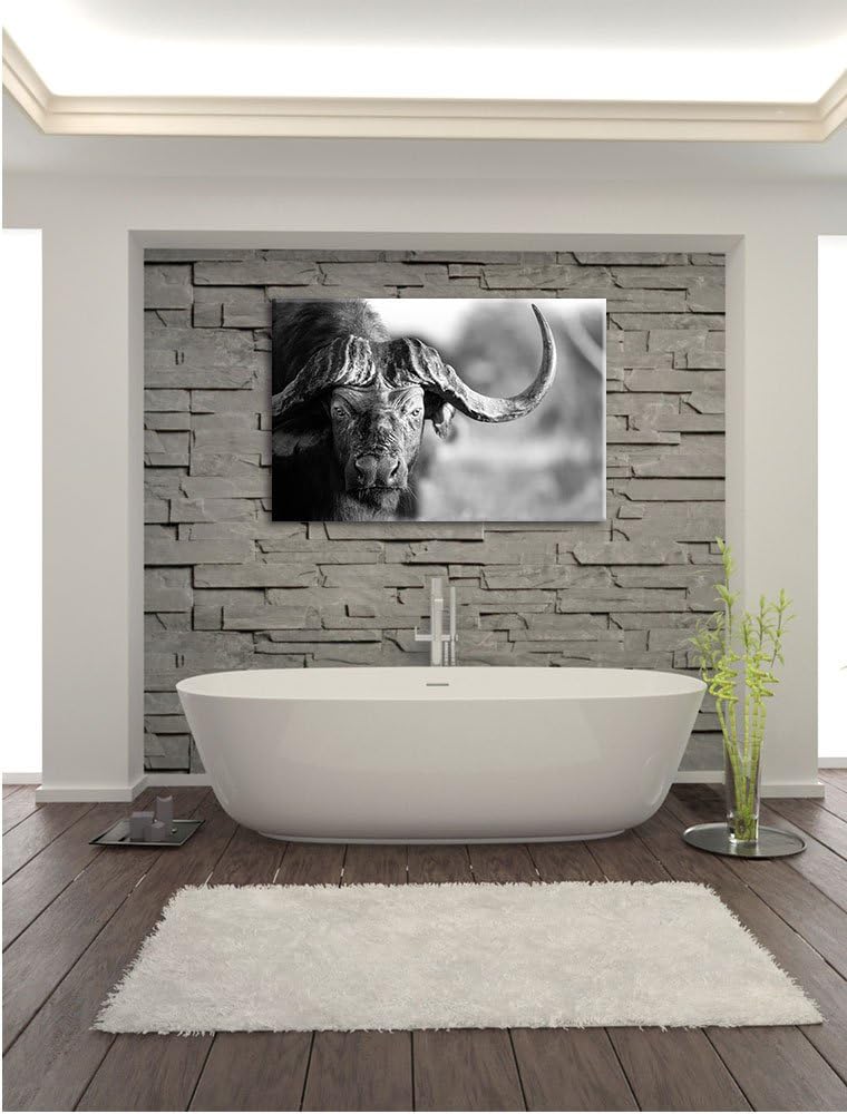 Pixxprint Kaffernbüffel mit kräftigen Hörnern Kunst B&W, Format: 100x70 auf Leinwand, XXL riesige Bi