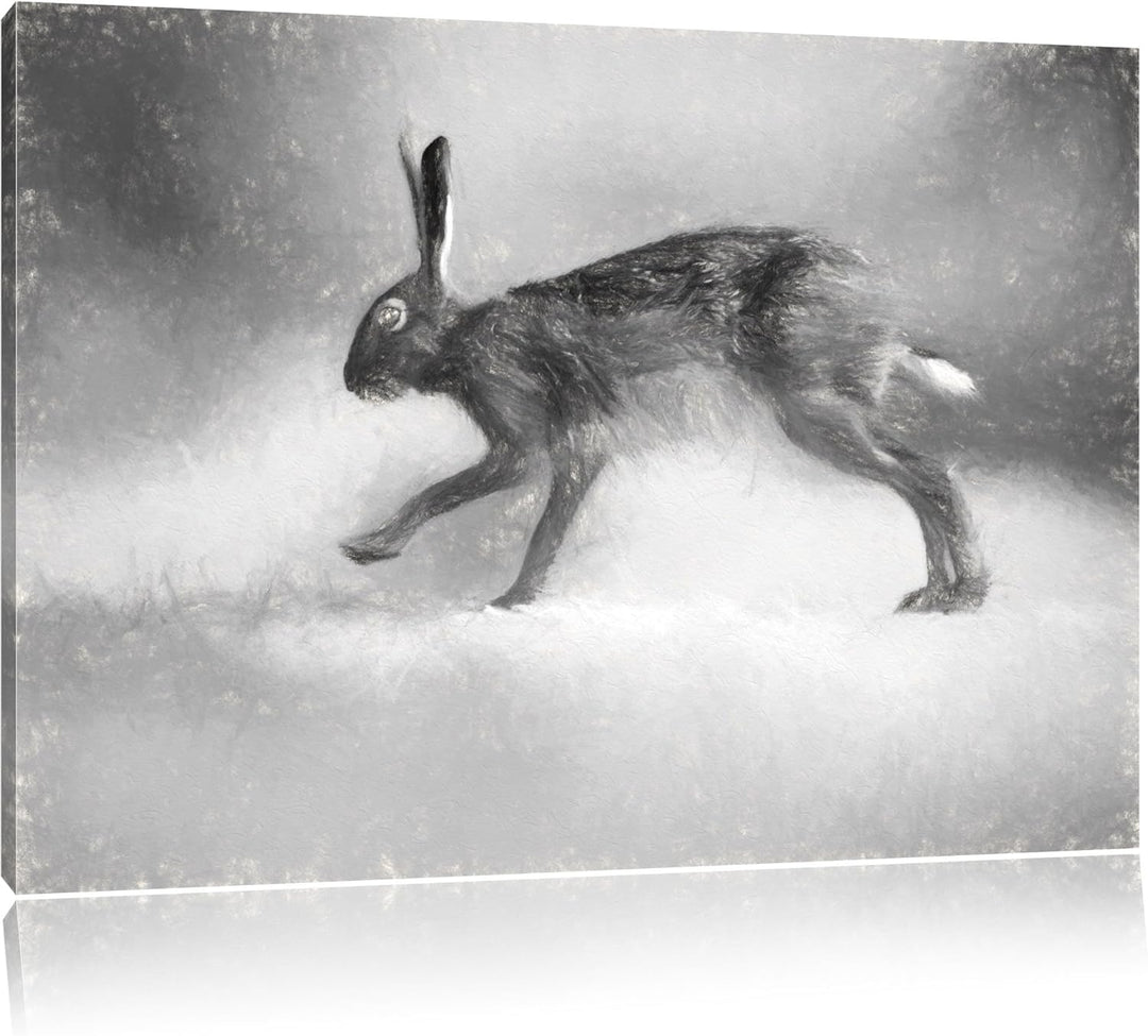 Pixxprint hoppelnder Hase / 100x70cm Leinwandbild bespannt auf Holzrahmen/Wandbild Kunstdruck Dekora