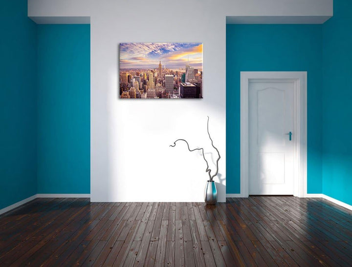 Skyline von New York bei Sonnenuntergang Format: 100x70 auf Leinwand, XXL riesige Bilder fertig gera