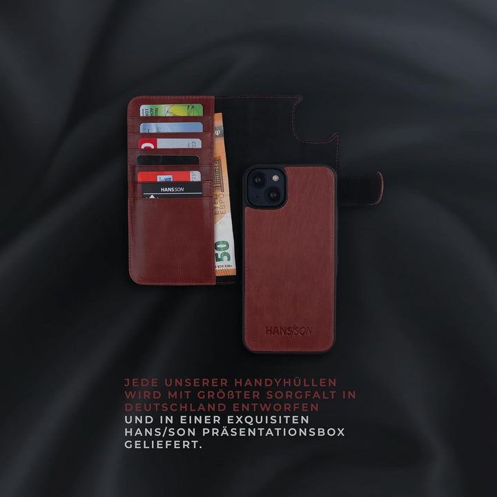 HANS/SON Lederhülle mit Kartenfächern | iPhone 14 | Echtleder | 6,1 Zoll | Schmal | Klapphülle | Sto