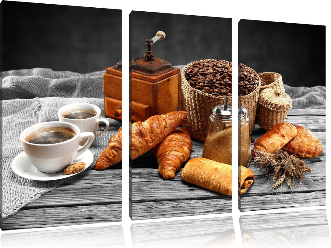 Pixxprint Aromatischer Kaffee mit Croissant Schwarz/Weiss 3-Teiler Leinwandbild 120x80 Bild auf Lein