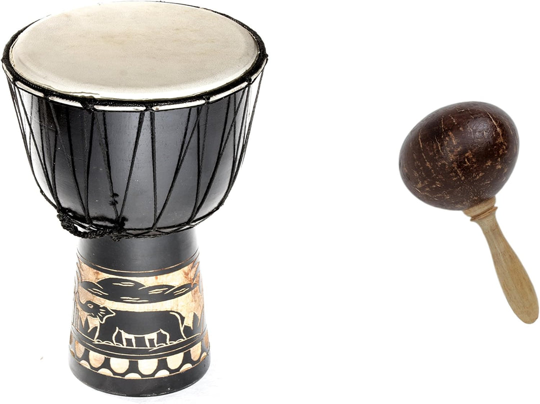 Grosse 60cm Djembe Holz Trommel Bongo Ziegenfell Elefant Schwarz + Kokos Rassel Maraca R2