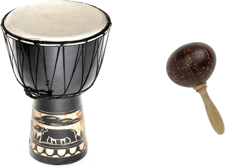 Grosse 60cm Djembe Holz Trommel Bongo Ziegenfell Elefant Schwarz + Kokos Rassel Maraca R2