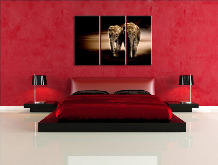 Dark Zwei stolze Elefanten in Steppe Spezial 3-Teiler Leinwandbild 120x80 Bild auf Leinwand, XXL rie