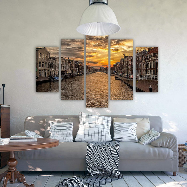 Bilder Landschaft 100x70 cm - Leinwandbild - 5 Teilig - Kunstdruck Fluss orange Leinwandbild 100x70