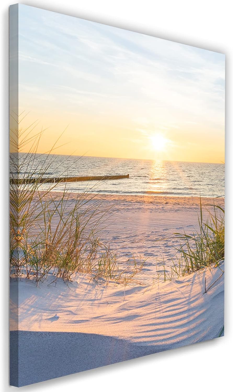 Feeby Vlies Leinwandbild Strand Ozean Dünen Wellenbrecher 60x90 cm Druckbild Wandbild Wanddekoration