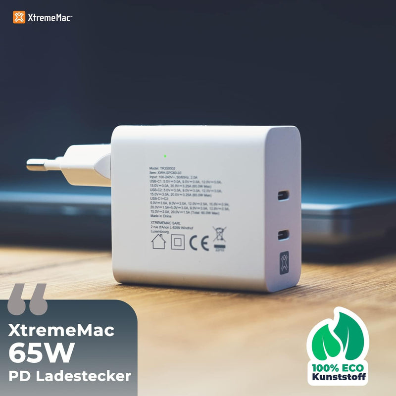 XtremeMac Premium USB-C Ladegerät 65W, USB C Netzteil 2-Port Schnellladegerät PD Charger 60W - kompa