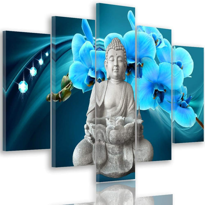 Feeby Bilder Buddha 200x100 cm Leinwandbild 5 Teilig XXL Kunstdruck modern Blumen blau Leinwandbild