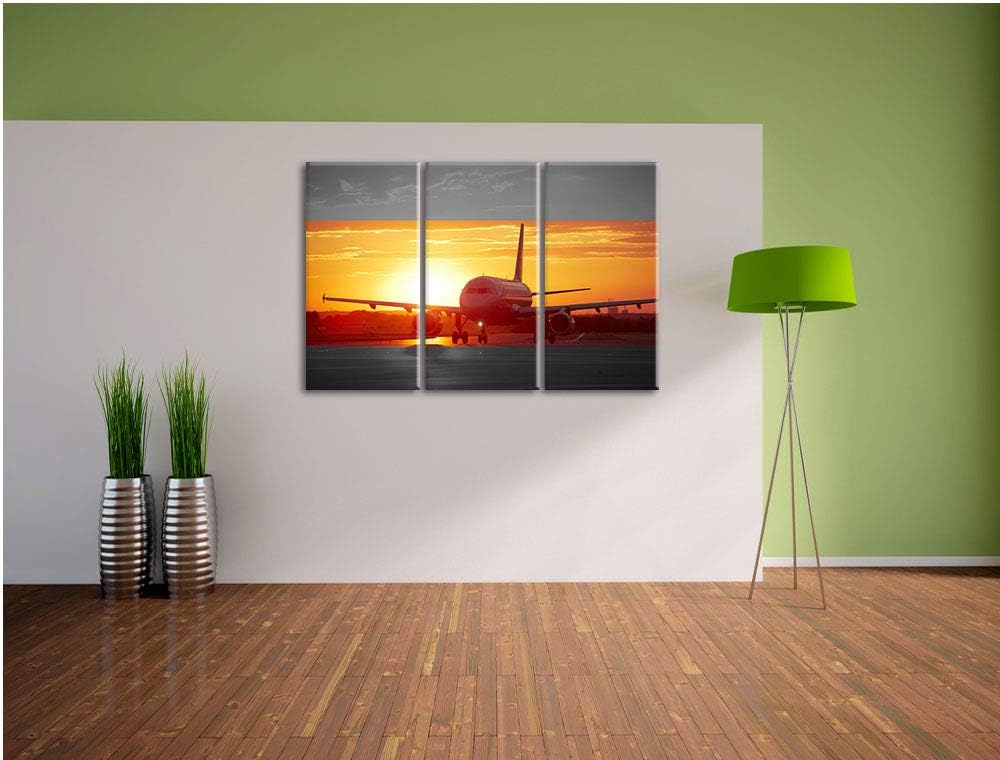 Pixxprint Flugzeug im Sonnenuntergang 3Teiler 120x80 cm Leinwandbild Wandbild Kunstdruck