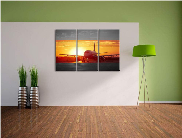 Pixxprint Flugzeug im Sonnenuntergang 3Teiler 120x80 cm Leinwandbild Wandbild Kunstdruck