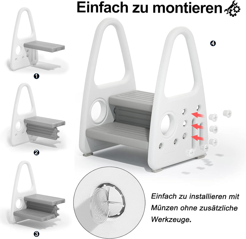 YUENFONG Lernturm Tritthocker Kinder Trittleiter 2 Stufen Klappbar Hocker Fussbank Trittschemel aus