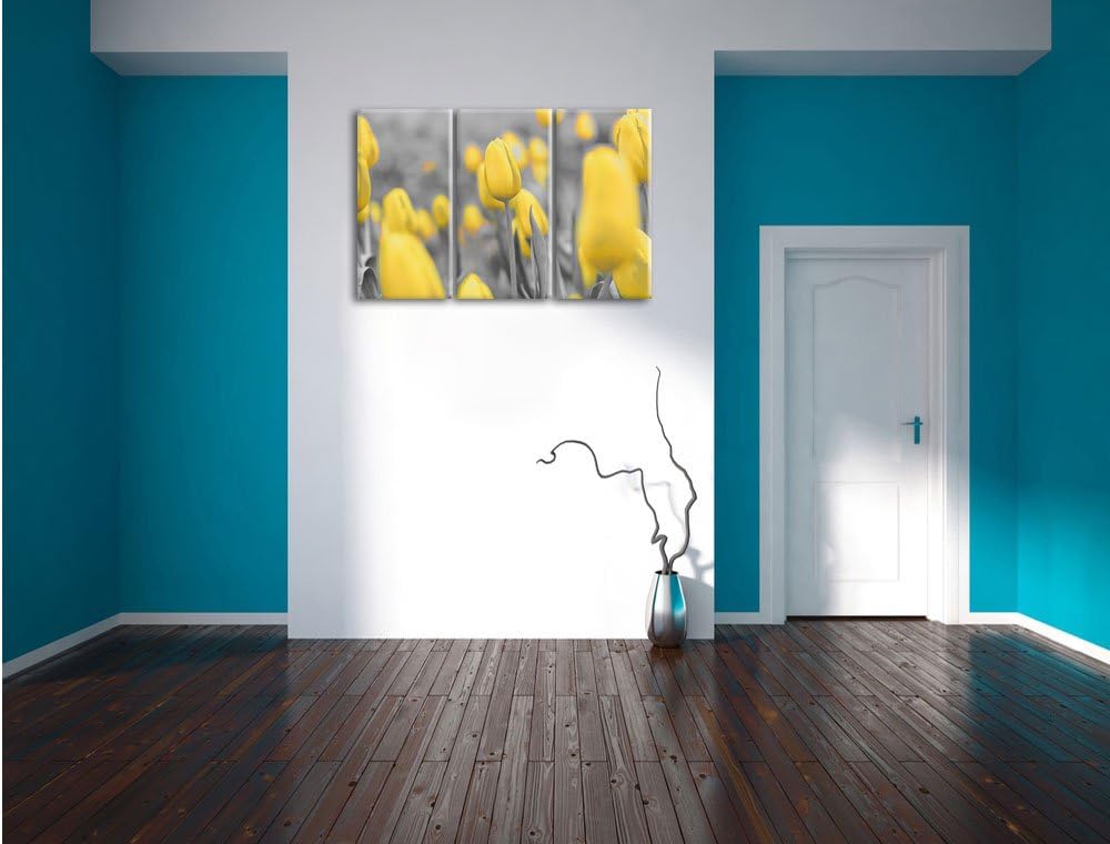 Pixxprint Gelbes Tulpenmeer schwarz/weiss 3-Teiler Leinwandbild 120x80 Bild auf Leinwand