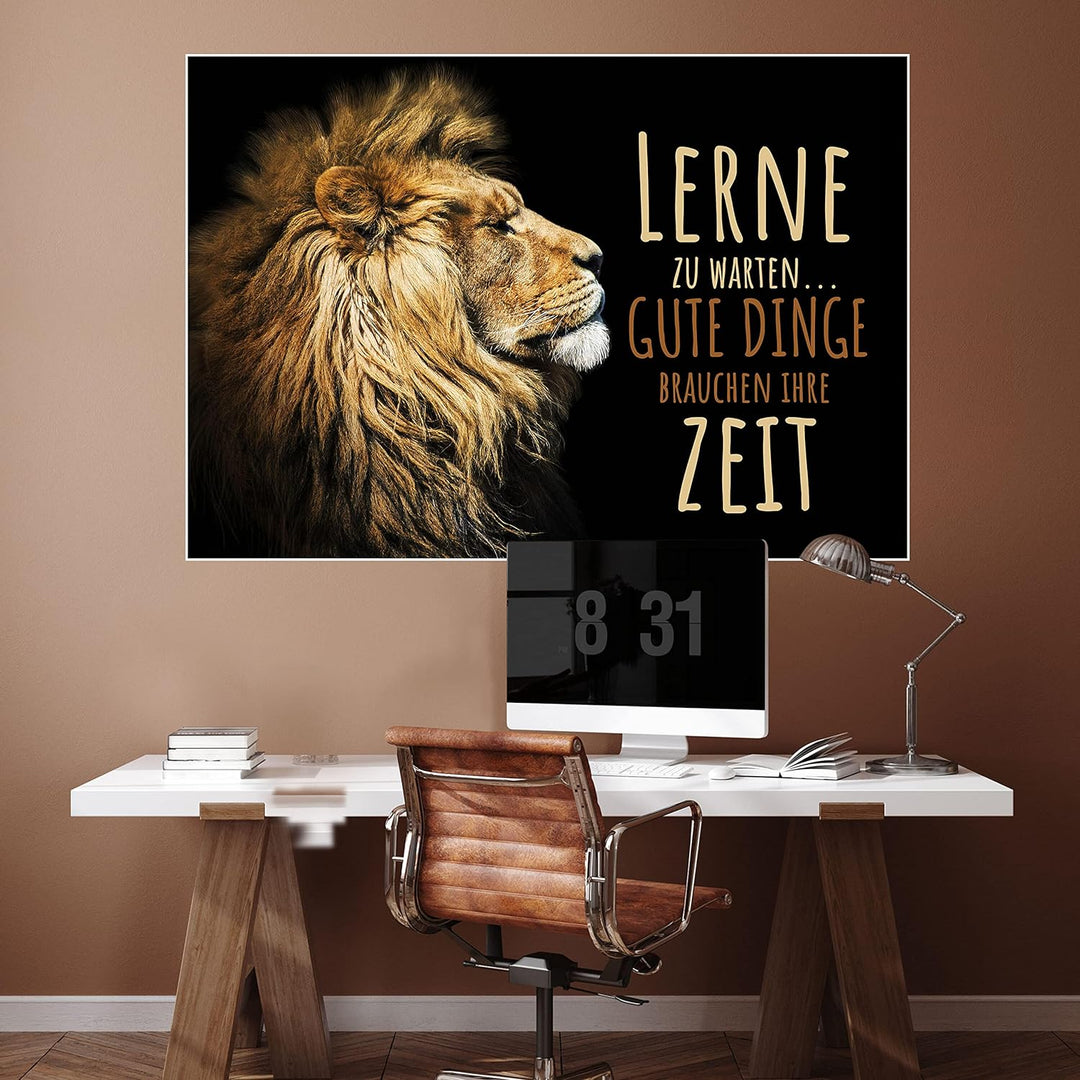 wandmotiv24 Poster als Wanddeko, Grösse 100x70cm, lerne zu warten, Zeit, Löwe, Moderne Wanddeko, Wan