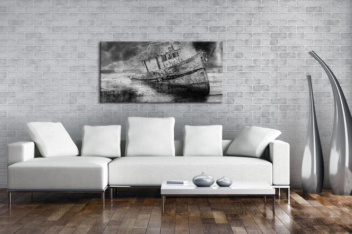 Stürmische Schiffsfahrt Panorama 80x40 cm Effekt: Schwarz/Weiss als Leinwandbild, Motiv fertig gerah