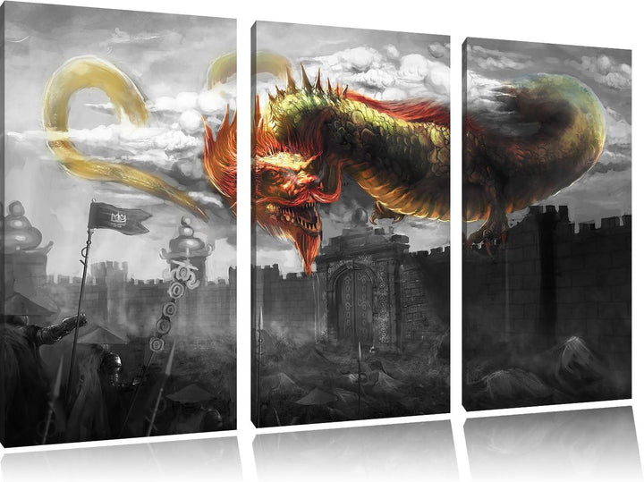 Pixxprint Drache über der Festung als Leinwandbild/Grösse: 3 Teilig (120x80 cm) cm/Wandbild/Kunstdru