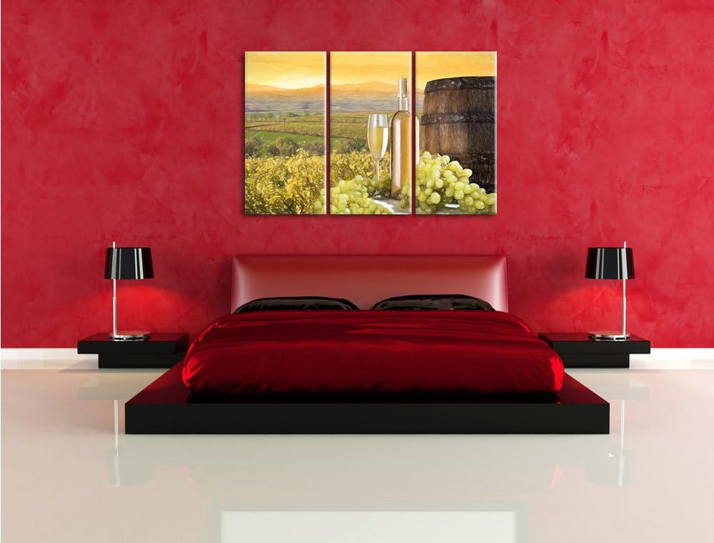 Pixxprint Weinreben mit Weinflasche und Fass als Leinwandbild/Grösse: 3 Teilig (120x80) cm/Wandbild/