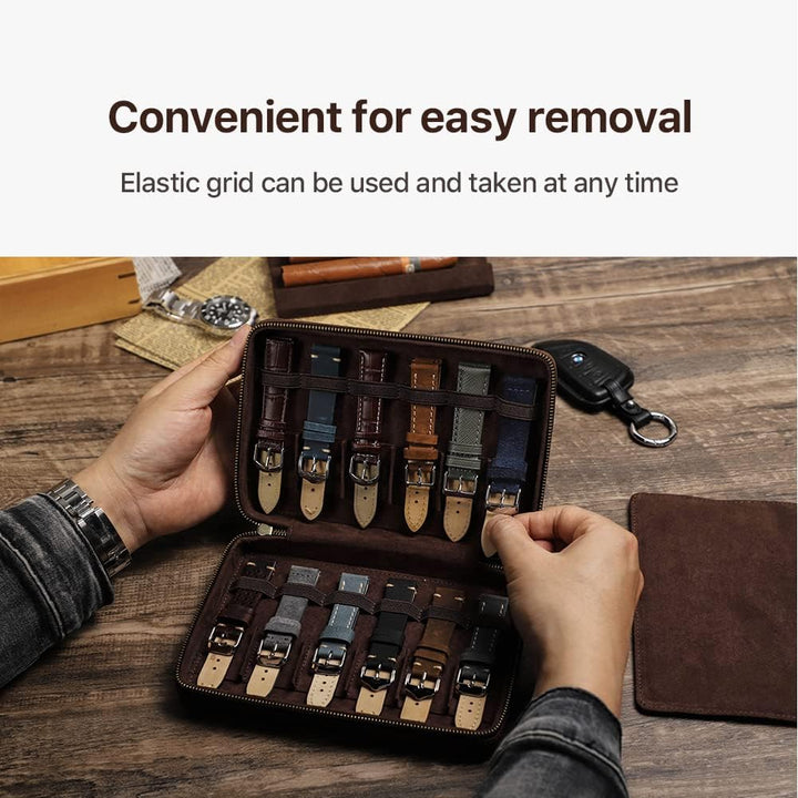 Contacts Uhrenarmband-Box aus echtem Leder, mit Reissverschluss, Organizer für 12 Uhrenarmbänder, Re