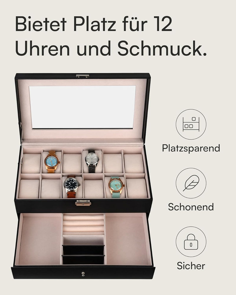 shelfmade Schmuckbox und Uhrenbox, schwarz - 12 Uhren Aufbewahrungsbox und Schmuckaufbewahrung, Aufb