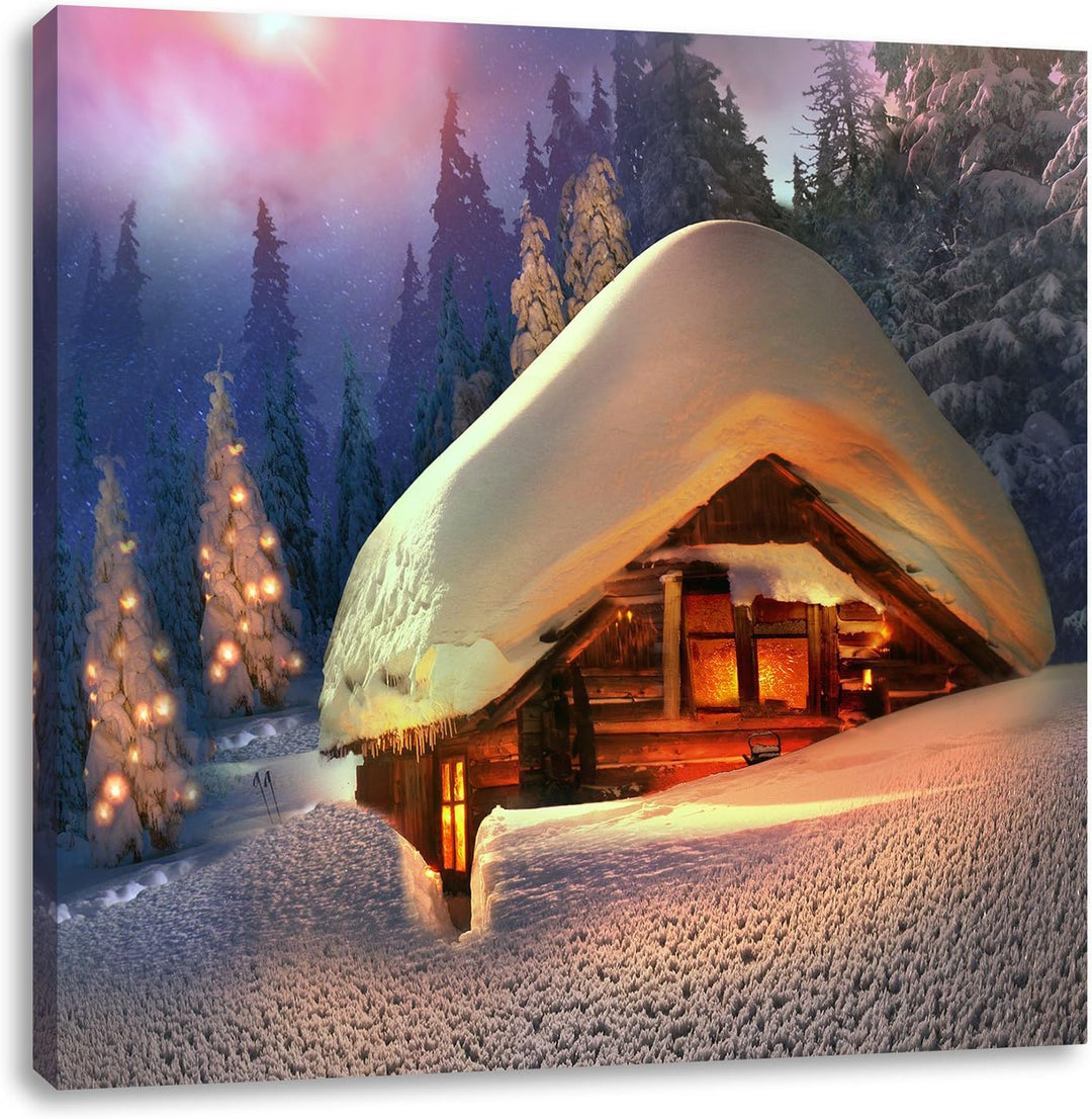 Pixxprint Hütte in Schneelandschaft / 70x70cm Leinwandbild bespannt auf Holzrahmen/Wandbild Kunstdru