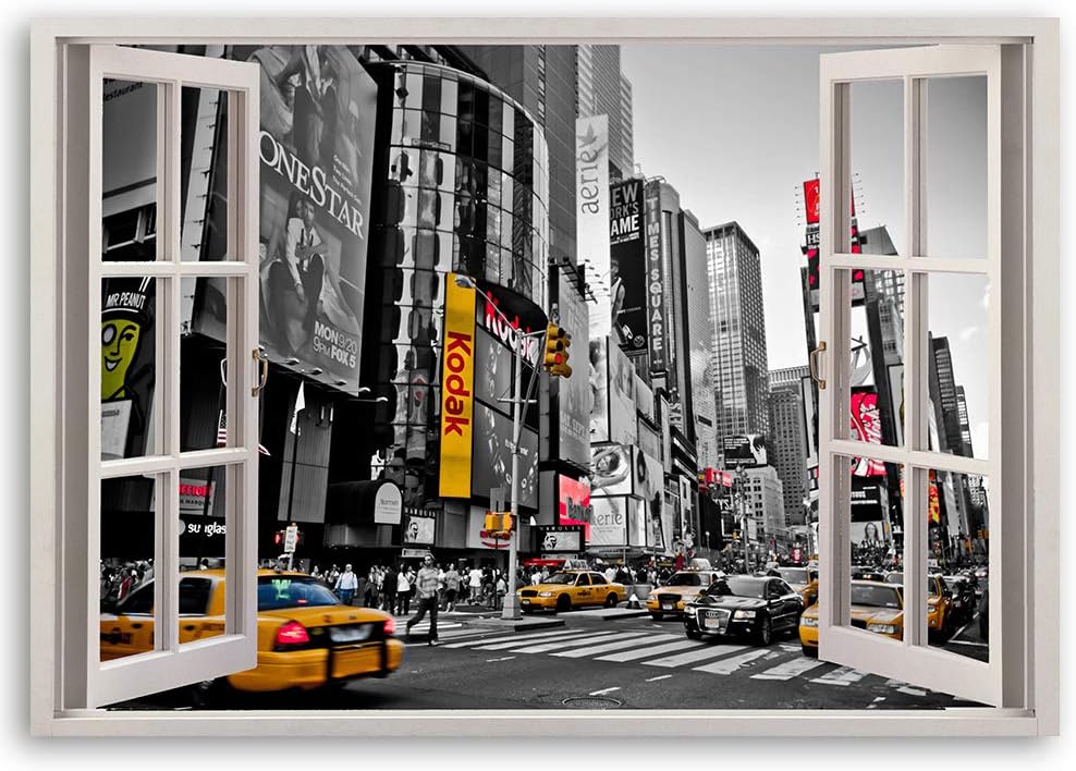 Feeby Wandbild Times Square Druckbild Leinwandbild Fenster-Illusion Grau 90x60 cm Leinwandbild 90x60