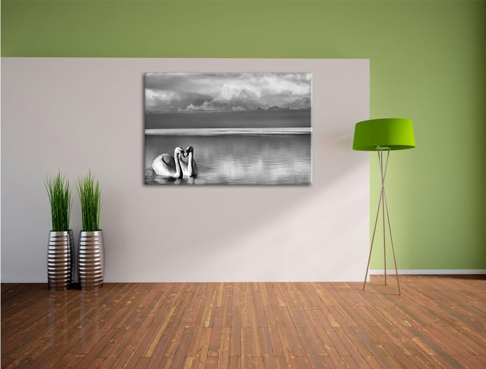 Pixxprint Schwäne in Abenddämmerung / 100x70cm Leinwandbild bespannt auf Holzrahmen/Wandbild Kunstdr