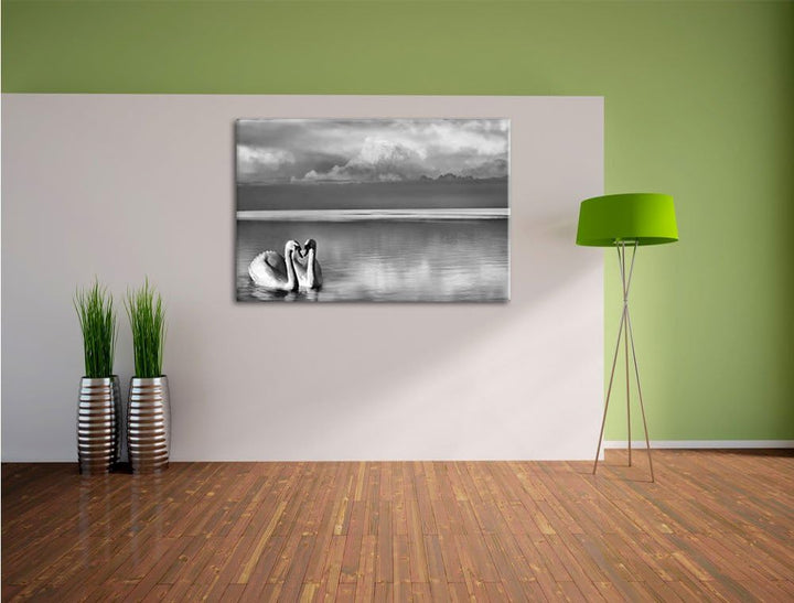 Pixxprint Schwäne in Abenddämmerung / 100x70cm Leinwandbild bespannt auf Holzrahmen/Wandbild Kunstdr