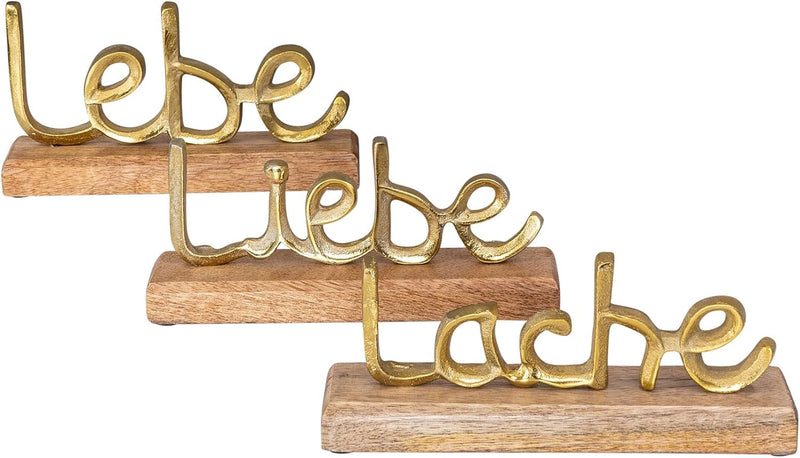 levandeo 3er Set Schriftzug Lache Liebe Lebe L22cm Metall Gold Mango Holz Deko Aufsteller Tischdeko